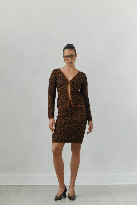 Woman wearing a leopard print dress and cardigan set against a plain background